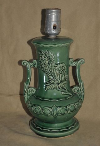 Vintage Art Pottery Green Glazed Table Lamp Floral Flowers Handled