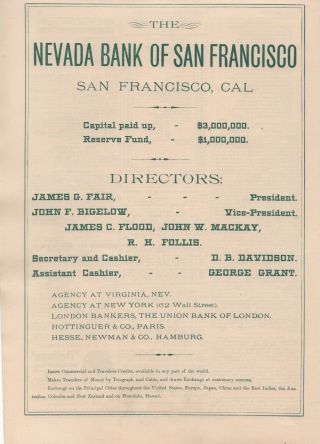 Large 1880s Advertisement For The Nevada Bank Of San Francisco Fair Flood Mackay