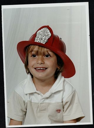 Vintage Photograph Cute Little Boy Wearing Fireman Hat 5x7 "