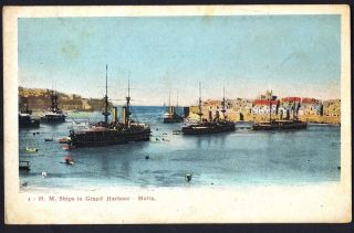Hm Ships In Grand Harbour,  Malta.  C1905.  Vintage Postcard.  Uk Postage