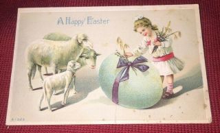 Vintage Easter Postcard Sheep Lamb Egg Girl With Flowers Embossed German?
