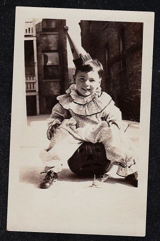 Vintage Antique Photograph Adorable Little Baby Wearing Clown Costume Halloween
