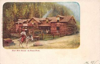 Half Way House To Pikes Peak Lady On A Burro Vintage Postcard