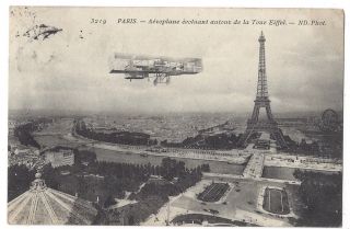 Paris Early Aeroplane Flying Around Eiffel Tower,  Old Postcard Postally