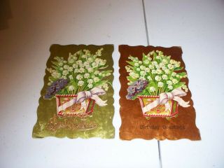 2 Antique Vintage Postcards Birthday Scalloped Edge Flowers Lily Of The Valley