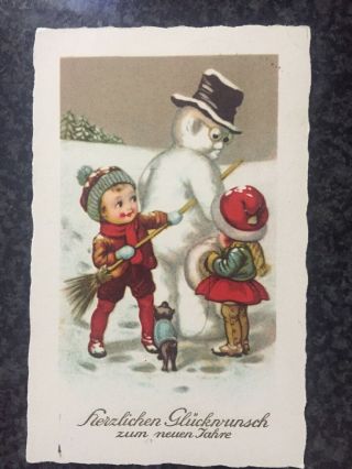 Vintage German Christmas Postcard Snowman Children Broom Dog Muff