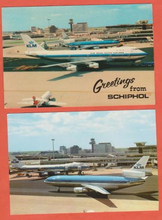 Set Of 2 Postcards Amsterdam Airport Klm Airlines Boeing 747,  Dc - 10 Airplanes