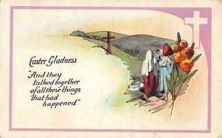 Postcard Easter Gladness Cross Religious Scene Women Talking Vintage Unposted Pc