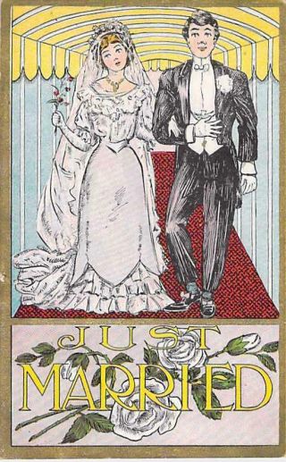 Just Married Wedding Couple Romance Vintage 1911 Postcard
