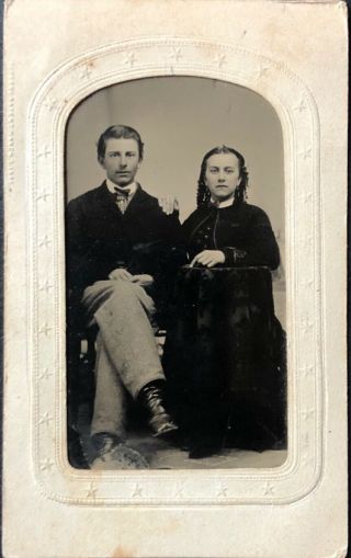 Vintage 6th Plate Tintype Paper Mat Attractive Young Couple 1880s