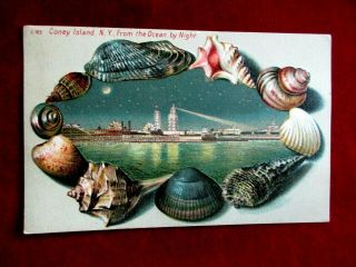 Rare Coney Island Ny From The Ocean Night Embossed Postcard Marked 1908