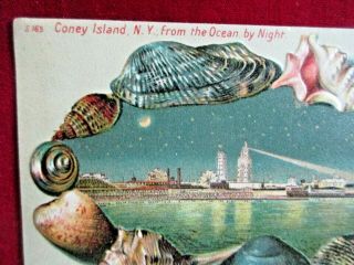 RARE CONEY ISLAND NY FROM THE OCEAN NIGHT EMBOSSED POSTCARD MARKED 1908 2