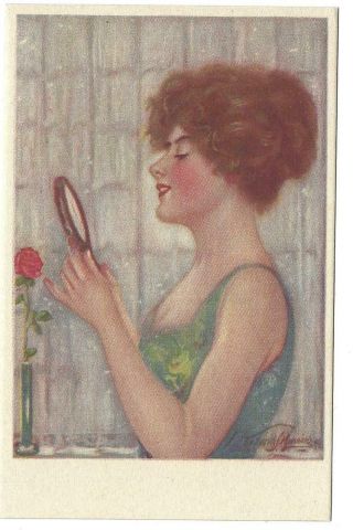 Manning ? Artist Signed Art Deco Woman Looks In Mirror