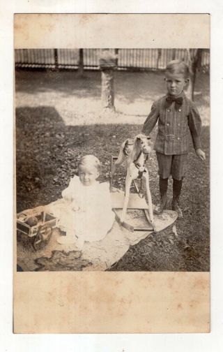 Antique Real Photo Post Card 2 Boys With Toy Wagon And Rocking Horse Hobby Horse