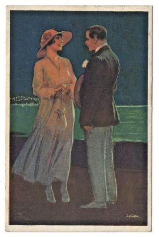 Metlizocitz Artist Signed Art Deco Couple At Seashore Romance Postcard