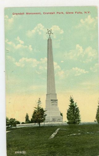 Glens Falls York Ny - Crandall Park & Monument Divided Postcard 1913 Cancel