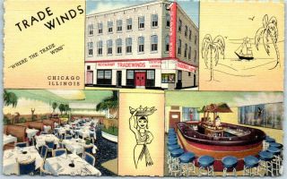 1940s Chicago Linen Postcard Trade Winds Restaurant & Lounge 867 N.  Rush Street
