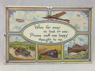 Vintage Greeting Travel Postcard Poem 1913 Ny Plane Train Boat Auto Car Biplane