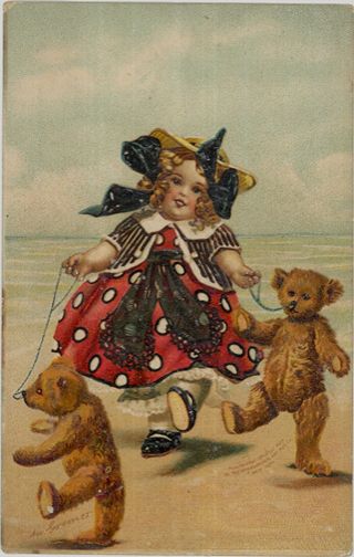 1907 Girl On Beach Walking With Teddy Bears Postcard View By W Greiner