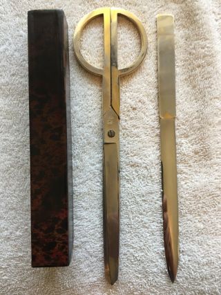 Vintage Metal Letter Opener And Scissors Set In Leather Case - Marked Germany