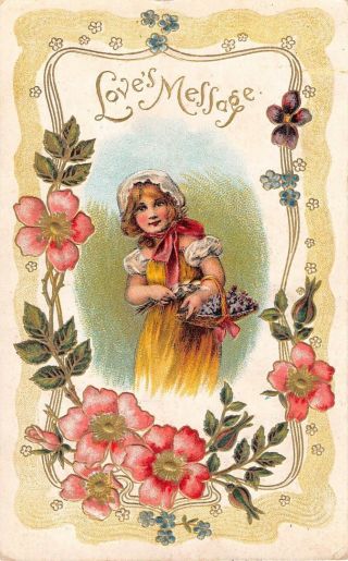 Pink Flowers Around Pretty Little Girl With Basket Of Flowers - Old Valentine Pc
