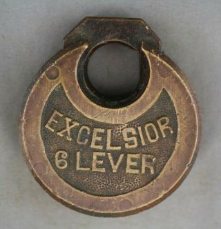 Vintage Antique Brass Round Pancake Padlock Excelsior 6 Lever - No Key