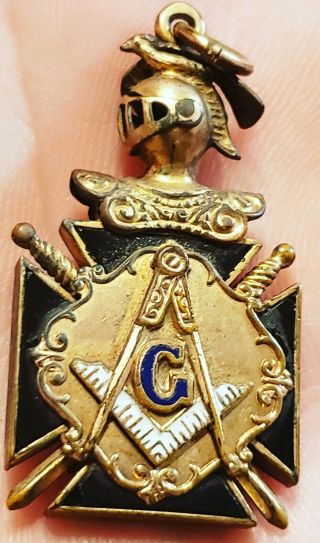 Rare Earlys 1900s Gold Tone Masonic Freemason Blue Lodge Fob Medal Pendant Look