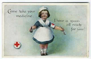 Red Cross Little Girl Nurse Wwi Era Postcard Dispensing Medicine