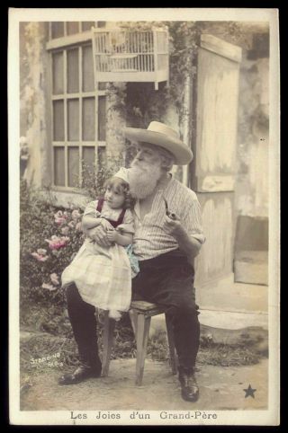 Old R.  Photo Postcard.  The Hapiness Of A Grandfather W/child & Bitds Cage France