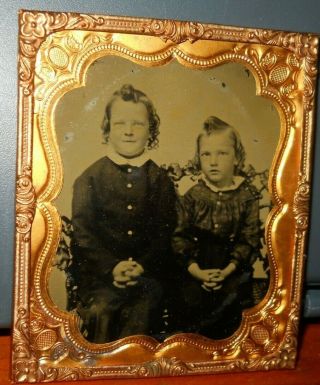 1/6th Plate Tintype Of Two Siblings In Brass Frame