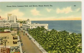 Miami Beach Florida Fl " Ocean Drive Lummus Park & Hotels " Linen Postcard