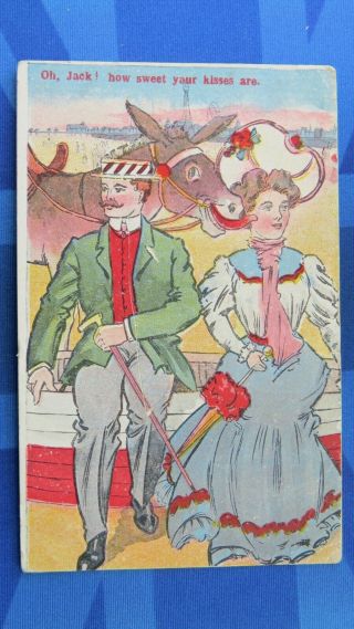 Vintage Comic Postcard 1907 Seaside Beach Donkey Linking Kiss Theme