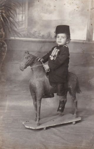 Egypt Old Vintage Photograph.  Cute Boy With Wooden Horse & Tarboosh
