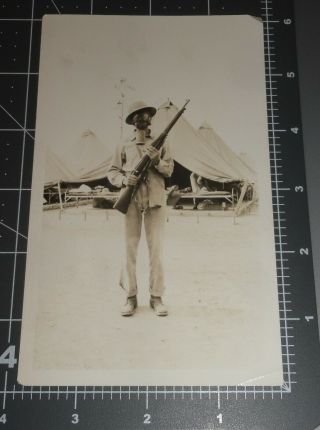 1940s Army Man W/ Gas Mask Military Scary Soldier Tent Rifle Gun Vintage Photo 2