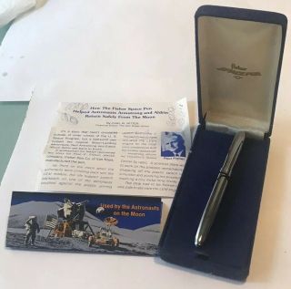 Vintage Fisher Space Pen Chrome Bullet Pen W/blue Display Case & Papers