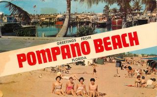 Greetings From Pompano Beach Florida Postcard Pm 1956 Bathing Suits Girls