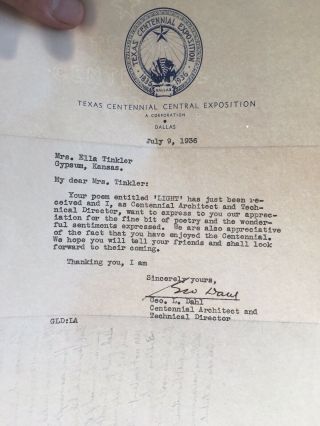 Signed 1936 Texas Centennial Exposition Architect George L.  Dahl Letter Tls