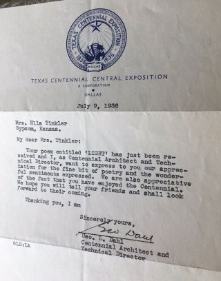 SIGNED 1936 Texas Centennial Exposition ARCHITECT GEORGE L.  DAHL Letter TLS 2
