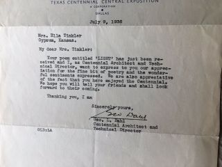 SIGNED 1936 Texas Centennial Exposition ARCHITECT GEORGE L.  DAHL Letter TLS 3