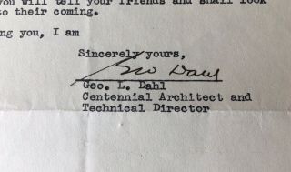 SIGNED 1936 Texas Centennial Exposition ARCHITECT GEORGE L.  DAHL Letter TLS 4
