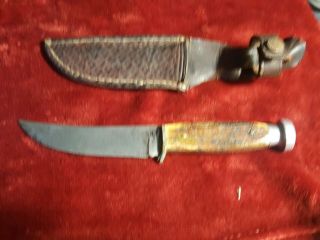 Vintage Queen City Fixed Blade Knife Bone Handles W/ Sheath No Cracks