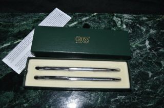 Vintage Cross Chrome With Grooves Pen And Pencil Set In Green Box Estate Usa