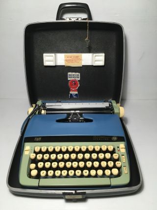Vintage Two Tone Blue & Green Smith Corona Sterling Typewriter With Case & Key