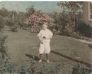 62714.  Circa 1930 Handcolored Silver Nitrate Photo Of Boy In Garden With Turtle