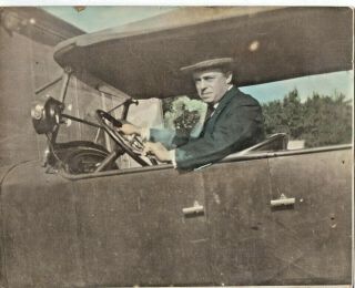62715.  Circa 1930 Handcolored Silver Nitrate Photo Of Man In Early Automobile