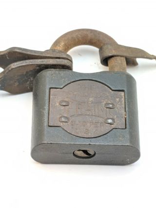 Vintage Antique E.  T.  Fraim Co.  Warded Padlock Cast Iron Steel Brass No Key 4