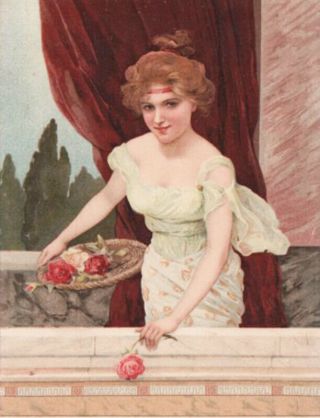 Art Nouveau Litho Pretty Lady W/ Roses Early Postcard Gem