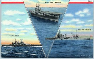 Wwii Us Navy Ship Postcard " Battleship - Airplane Carrier - Heavy Cruiser " Linen