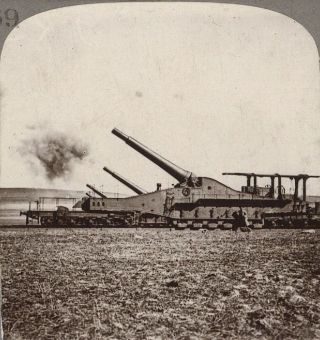 Ww1.  Huge French Artillery In Action With 320mm Railway Guns.  Vintage Stereoview