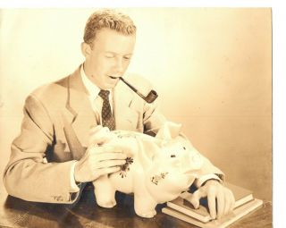 62702.  Circa 1930 Photo Handsome Young Man With His Pipe,  Books & Piggy Bank